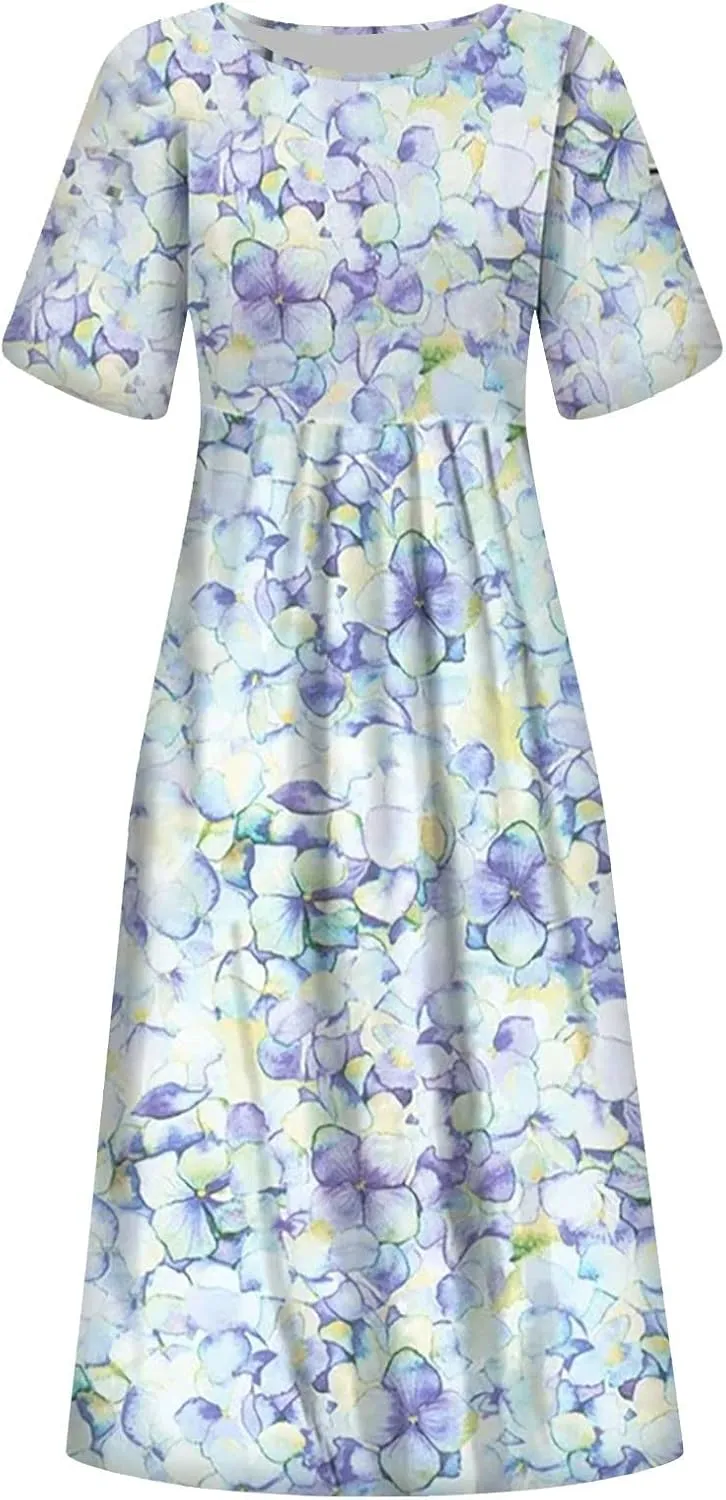 Tshirt Dress for Women 2025 Beach Cotton Linen Floral Printed Dresses with Pockets Casual Flowy Long Dress