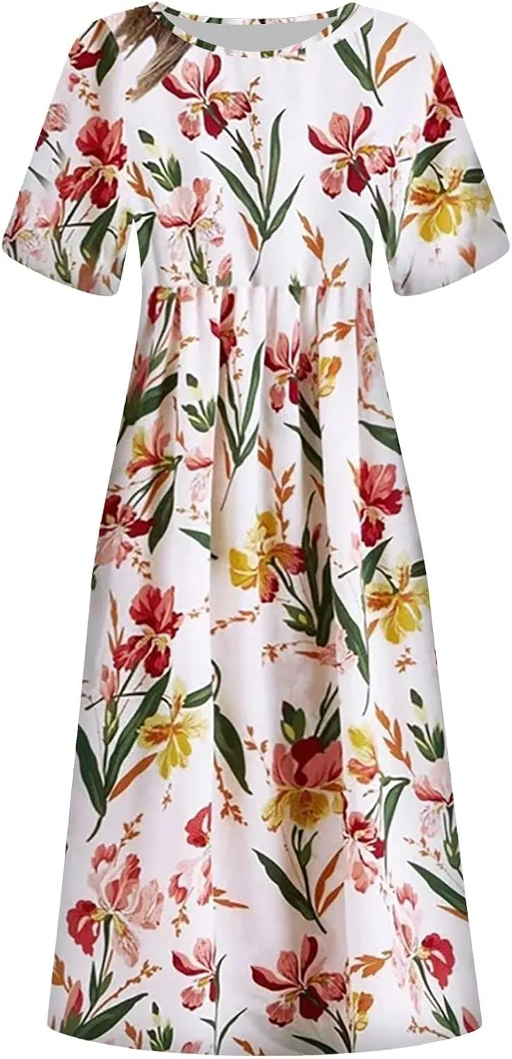 Tshirt Dress for Women 2025 Beach Cotton Linen Floral Printed Dresses with Pockets Casual Flowy Long Dress