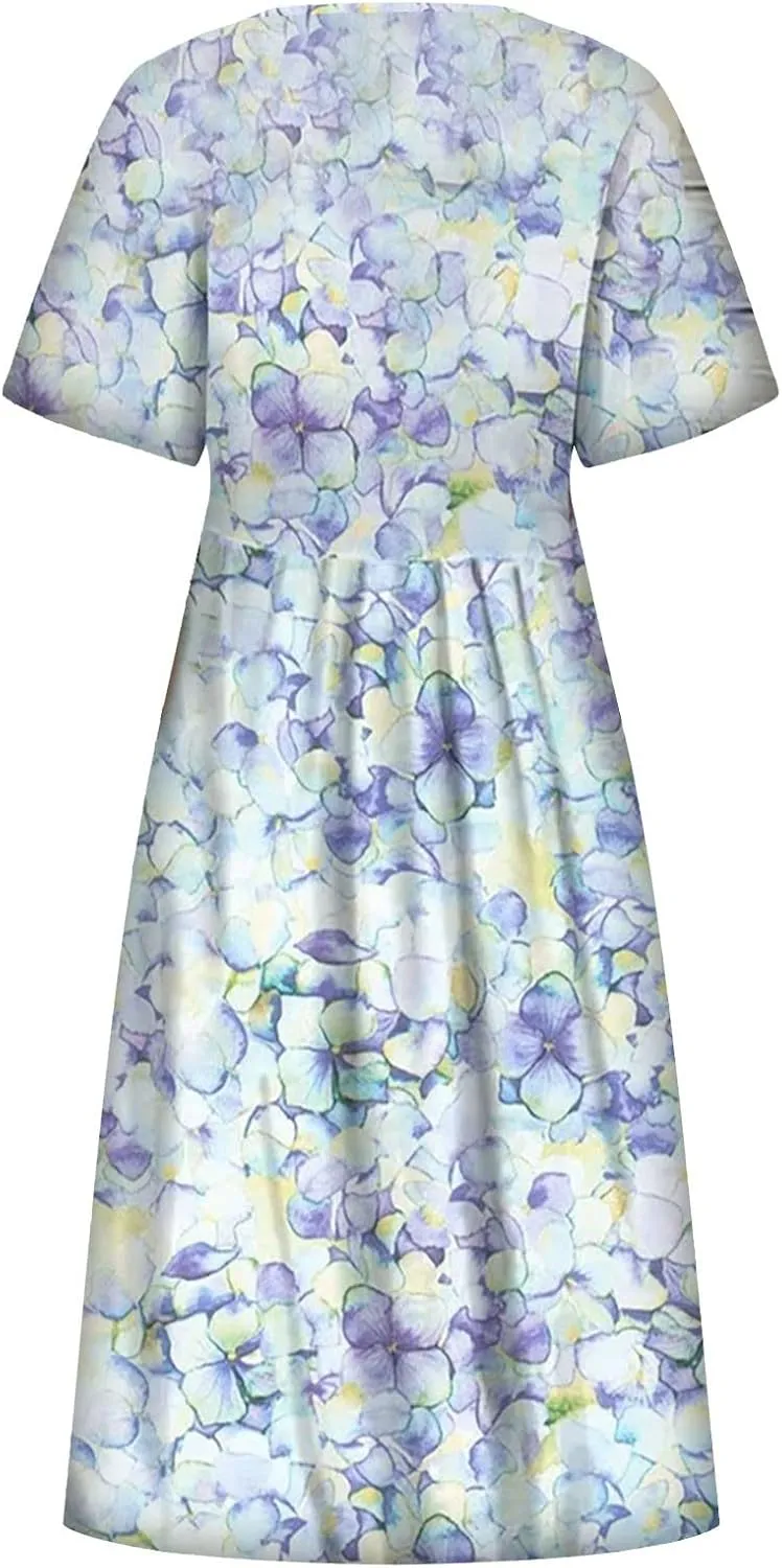 Tshirt Dress for Women 2025 Beach Cotton Linen Floral Printed Dresses with Pockets Casual Flowy Long Dress