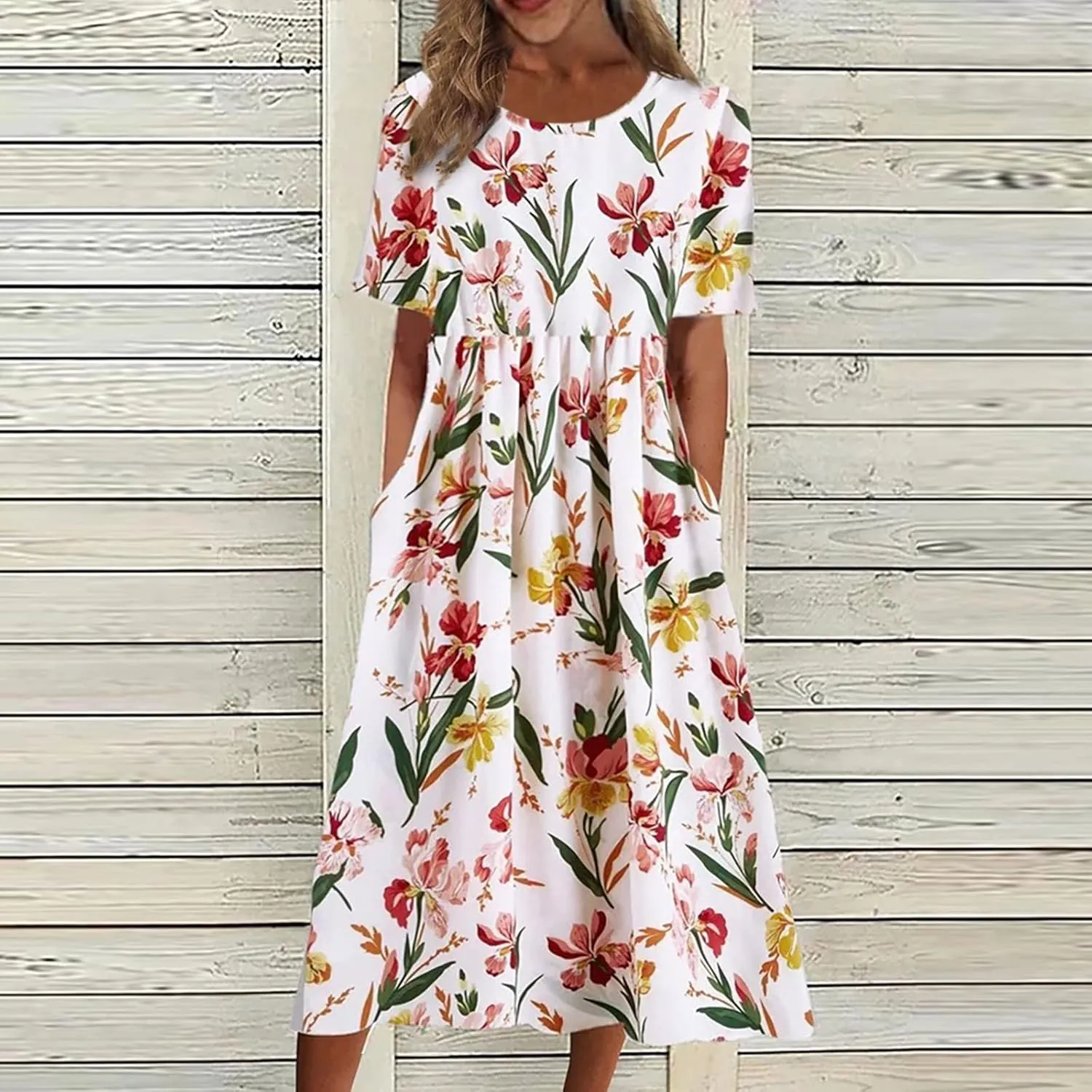 Tshirt Dress for Women 2025 Beach Cotton Linen Floral Printed Dresses with Pockets Casual Flowy Long Dress