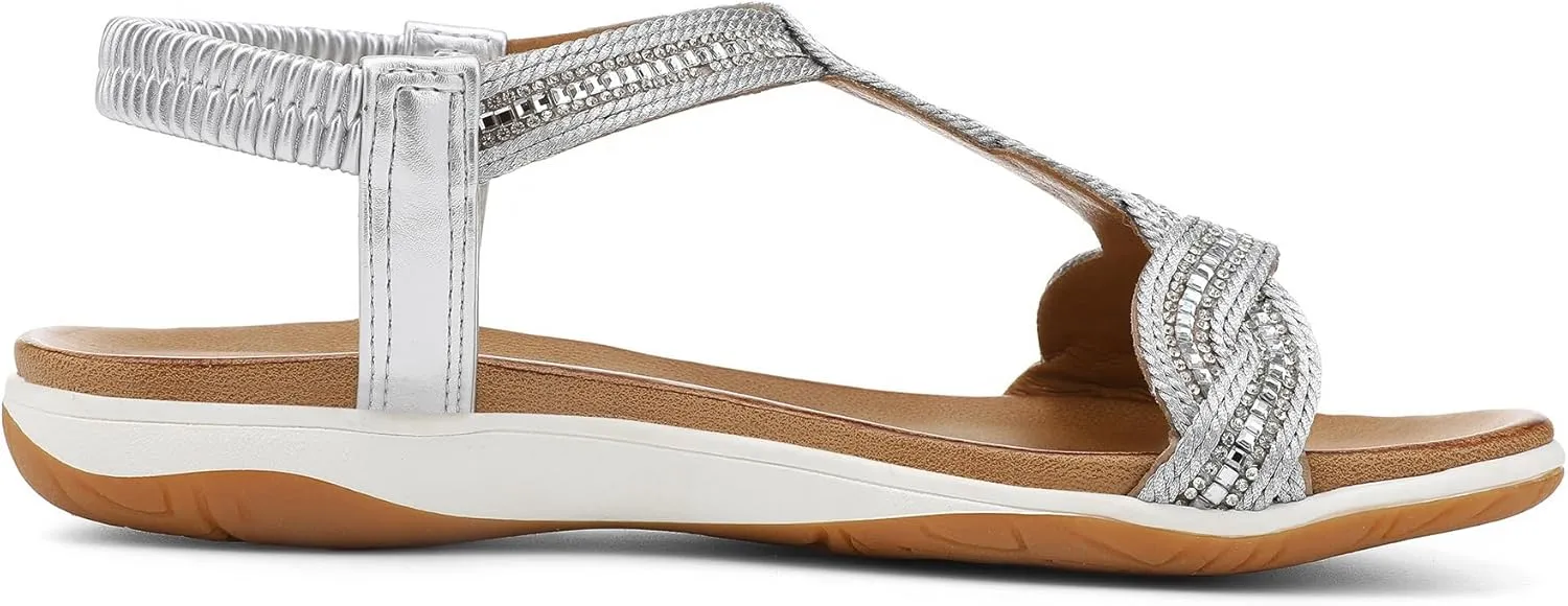 UBFEN Flat Sandals For Women Dressy Walking Comfortable Sandal With Rhinestone Braid Elastic Strap Summer Vacation