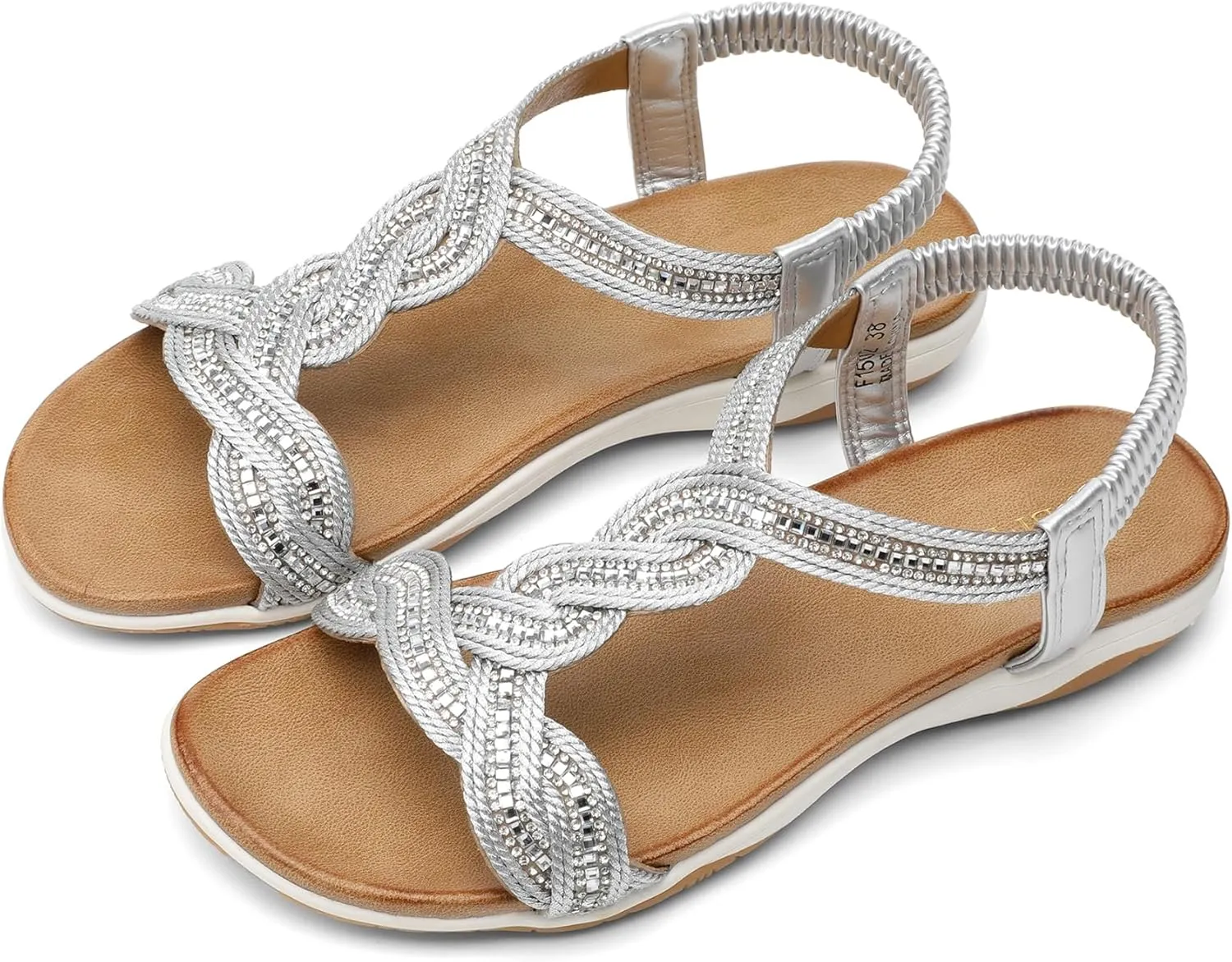 UBFEN Flat Sandals For Women Dressy Walking Comfortable Sandal With Rhinestone Braid Elastic Strap Summer Vacation