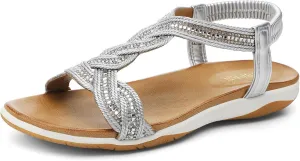UBFEN Flat Sandals For Women Dressy Walking Comfortable Sandal With Rhinestone Braid Elastic Strap Summer Vacation