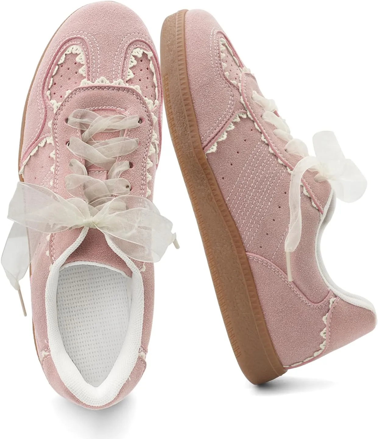 UBWDU Lace Fashion Ballet Sneakers for Women 2025 – Trendy Cute Crochet Ribbon Lace-Up Casual Spring Shoes