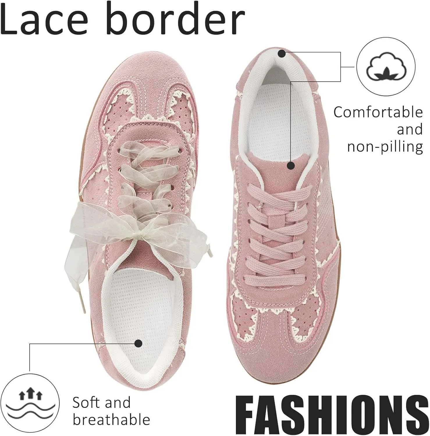 UBWDU Lace Fashion Ballet Sneakers for Women 2025 – Trendy Cute Crochet Ribbon Lace-Up Casual Spring Shoes