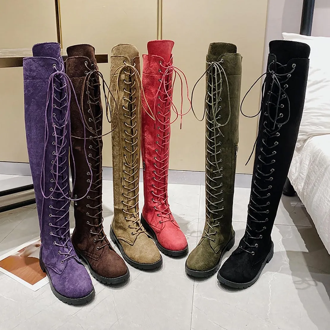 Ulalaza Women’s Casual Stylish Knee High Boots Artificial Suede Inner Pointy-toe Lace-up Zipper Mid Heel Stretch Legs Comfort for Walking