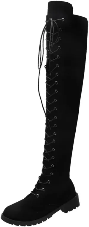 Ulalaza Women’s Casual Stylish Knee High Boots Artificial Suede Inner Pointy-toe Lace-up Zipper Mid Heel Stretch Legs Comfort for Walking