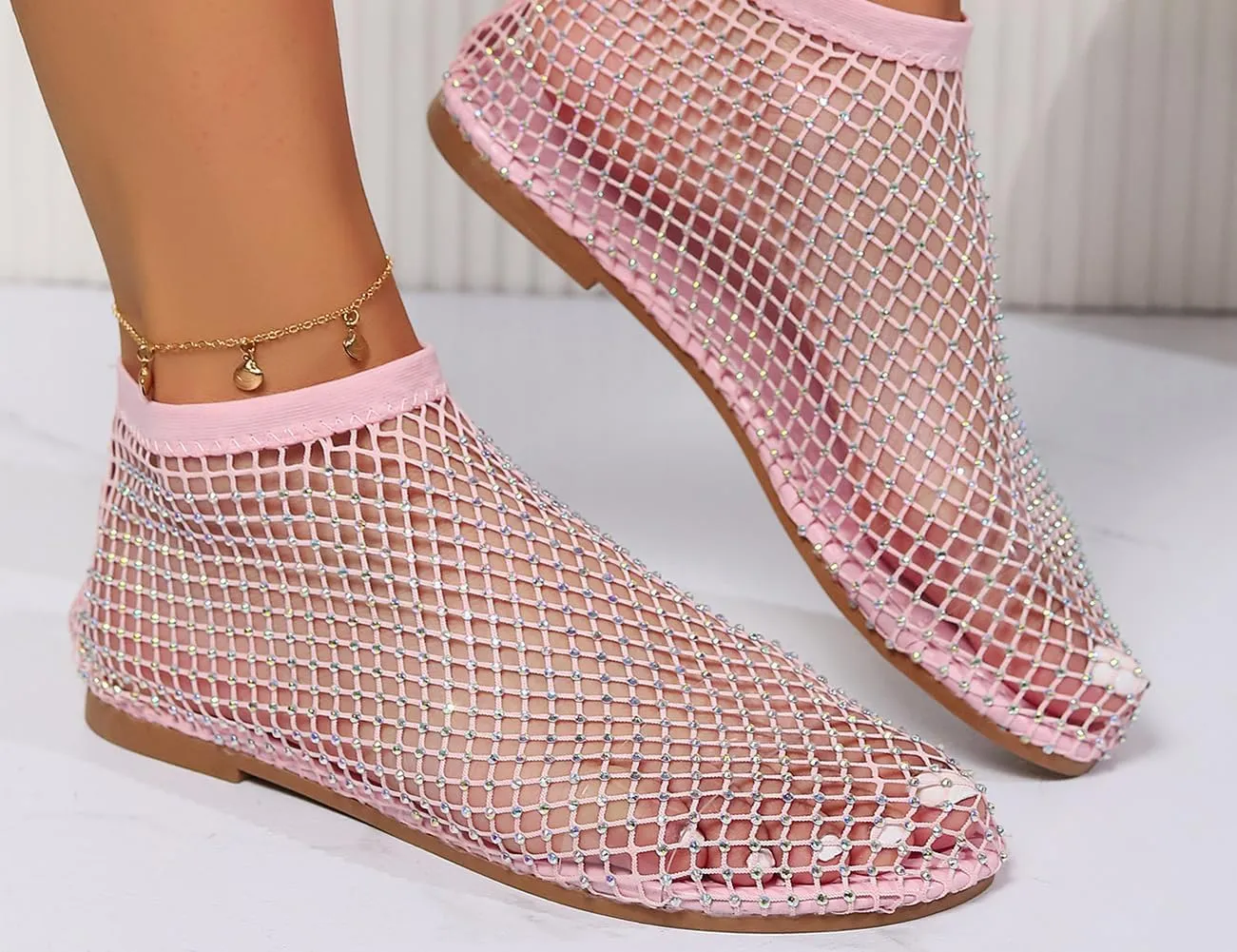 Ultra Comfortable Shiny Gem Mesh Flats, Ballet Flats for Women Sandals Women Dressy Summer Flat Shoes Slip On Sandals