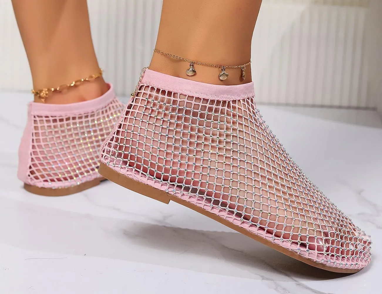 Ultra Comfortable Shiny Gem Mesh Flats, Ballet Flats for Women Sandals Women Dressy Summer Flat Shoes Slip On Sandals