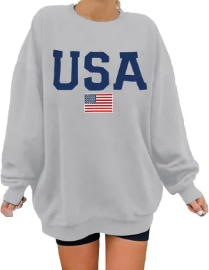 USA Sweatshirt for Women American Flag Shirt Patriotic TShirt Stars Stripes Long Sleeve Pullover Crew Neck Tee Tops