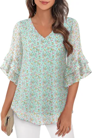 VALOLIA Womens Blouses 3/4 Sleeve Dressy Tops Business Casual Double Layers Shirts