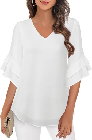 VALOLIA Womens Blouses 3/4 Sleeve Dressy Tops Business Casual Double Layers Shirts