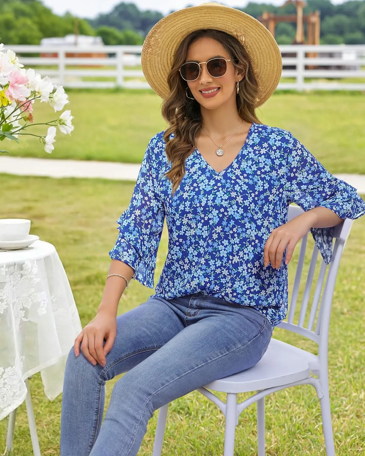 VALOLIA Womens Blouses 3/4 Sleeve Dressy Tops Business Casual Double Layers Shirts