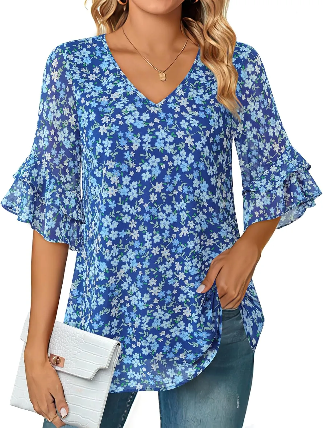 VALOLIA Womens Blouses 3/4 Sleeve Dressy Tops Business Casual Double Layers Shirts