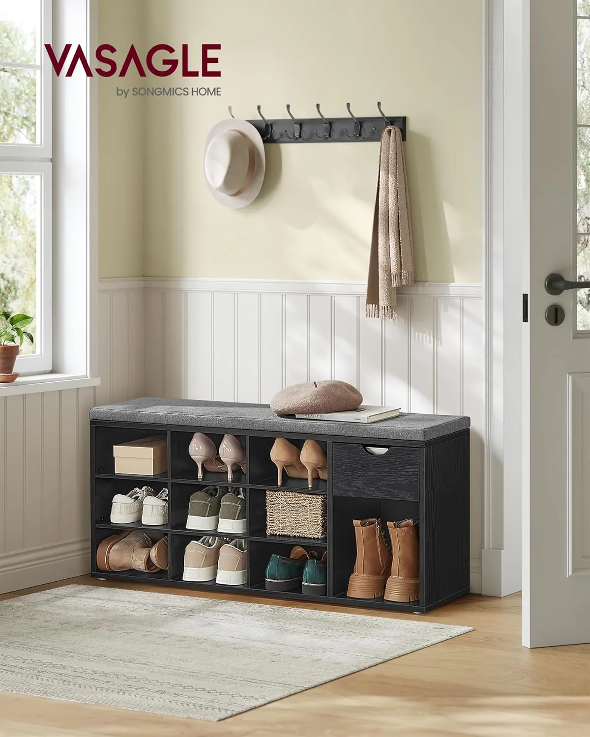VASAGLE Storage Bench, Entryway Bench with Cushion, Drawer and Open Compartments, Bench with Storage, for Living Room, Bedroom, Closet, Ebony Black and Slate Gray ULHS024B02