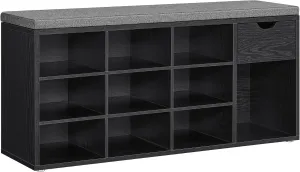 VASAGLE Storage Bench, Entryway Bench with Cushion, Drawer and Open Compartments, Bench with Storage, for Living Room, Bedroom, Closet, Ebony Black and Slate Gray ULHS024B02