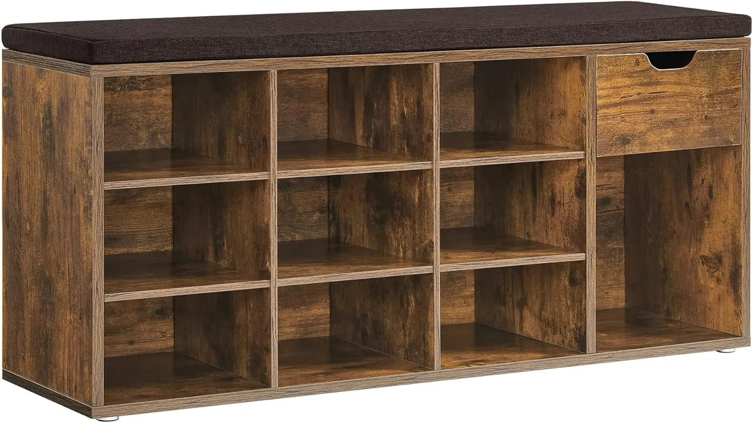 VASAGLE Storage Bench, Entryway Bench with Cushion, Drawer and Open Compartments, Bench with Storage, for Living Room, Bedroom, Closet, Rustic Brown and Brown ULHS024T01