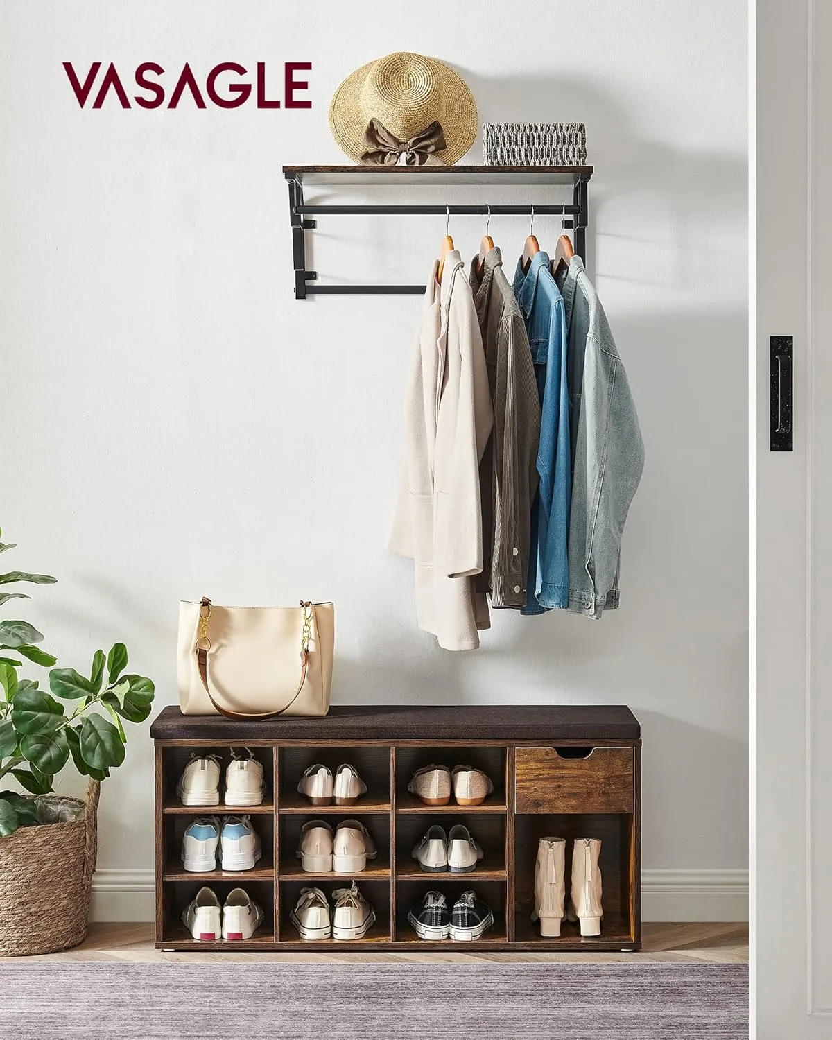 VASAGLE Storage Bench, Entryway Bench with Cushion, Drawer and Open Compartments, Bench with Storage, for Living Room, Bedroom, Closet, Rustic Brown and Brown ULHS024T01