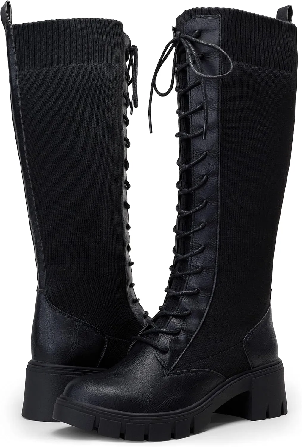 Vepose Women's 953 Lace Platform Combat Knee High Boots with Comfort Chunky Heel