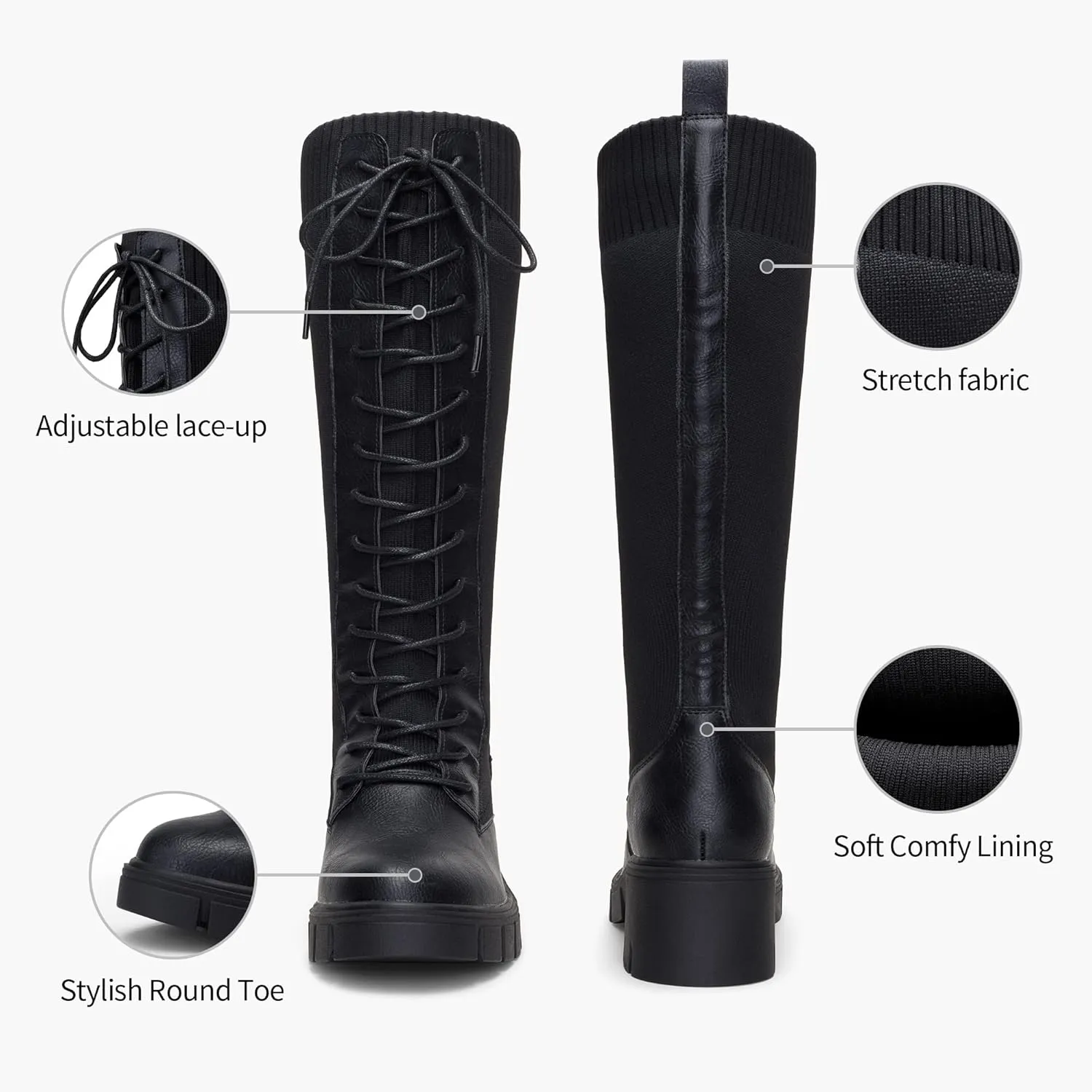 Vepose Women's 953 Lace Platform Combat Knee High Boots with Comfort Chunky Heel