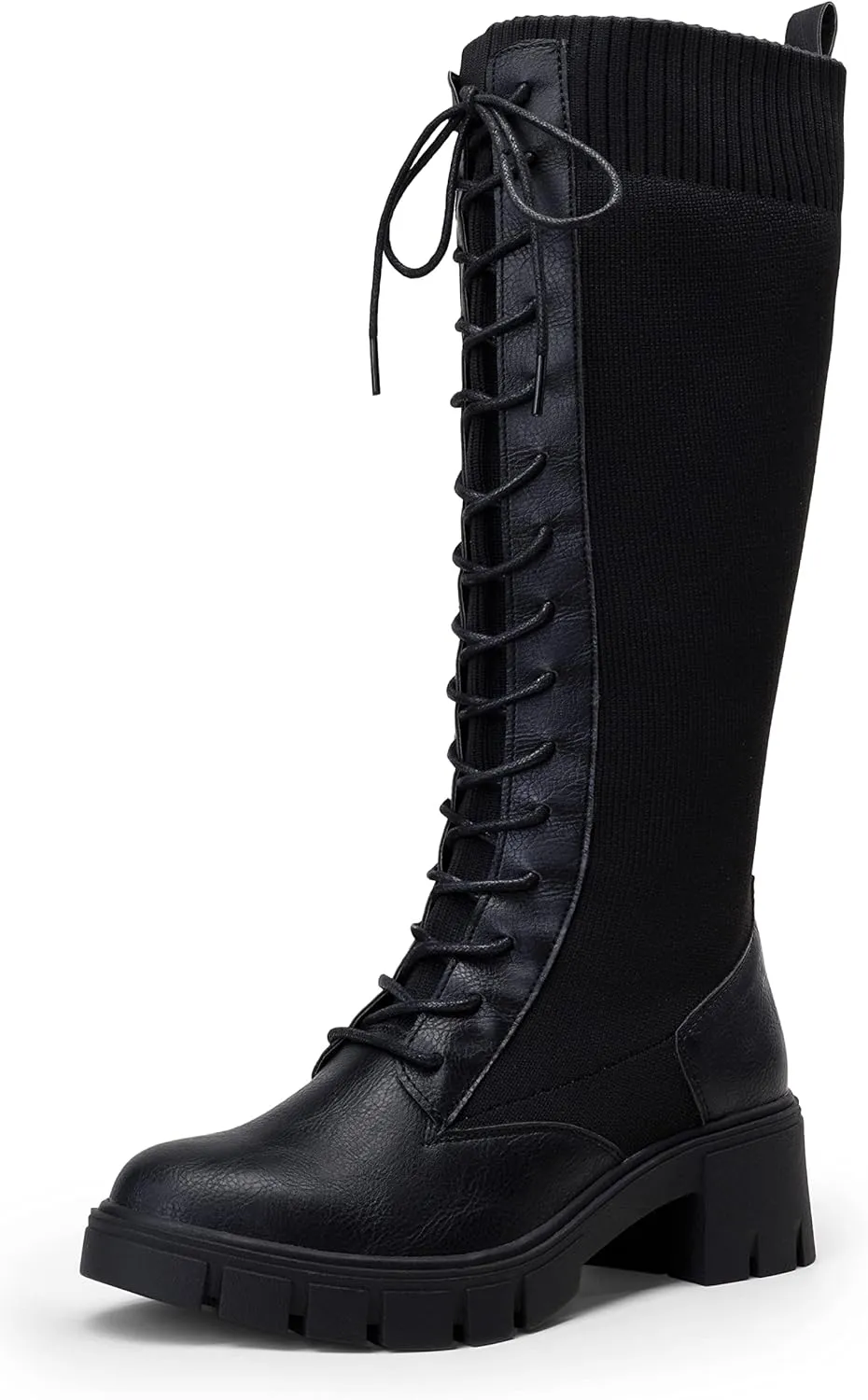 Vepose Women's 953 Lace Platform Combat Knee High Boots with Comfort Chunky Heel