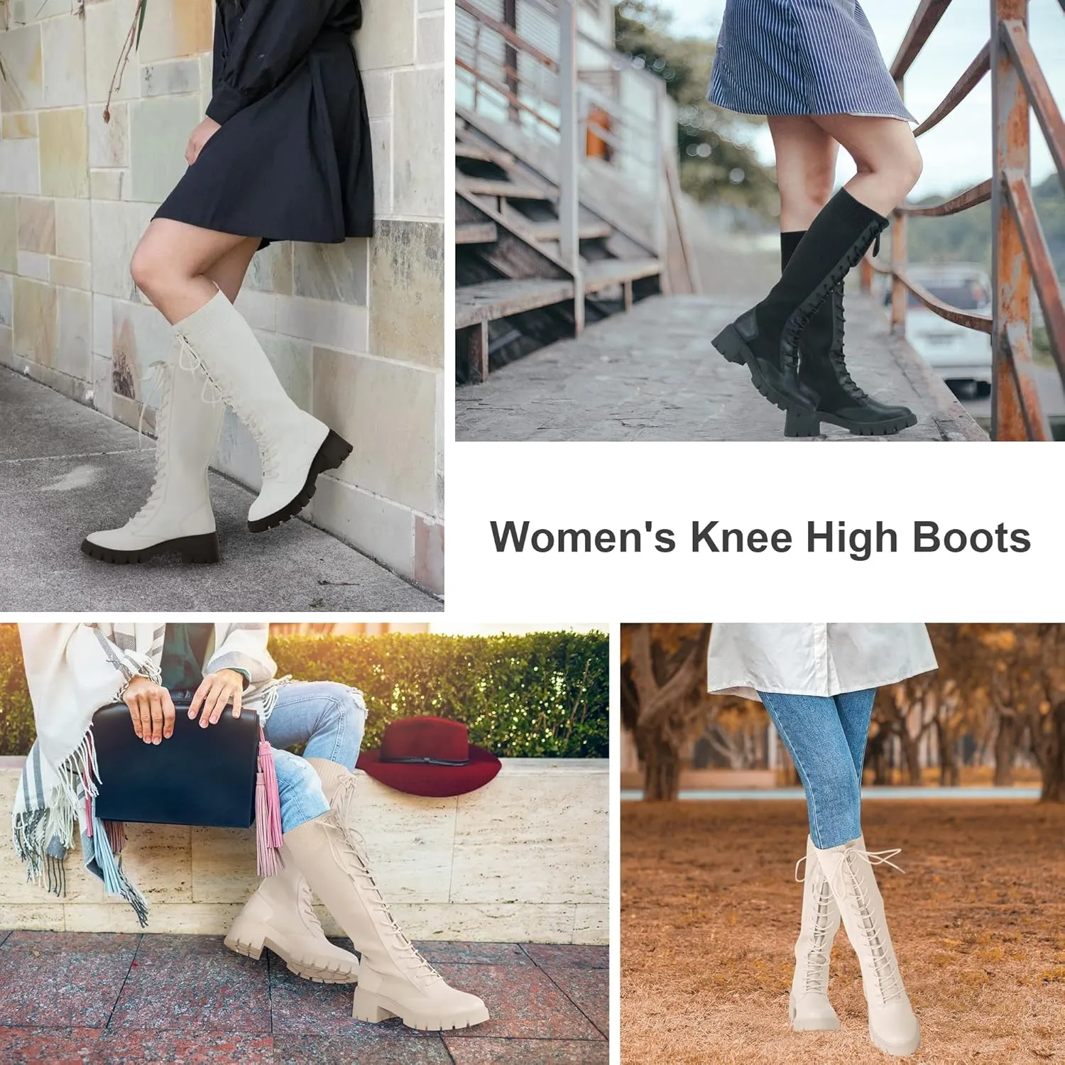 Vepose Women's 953 Lace Platform Combat Knee High Boots with Comfort Chunky Heel