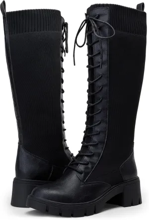Vepose Women's 953 Lace Platform Combat Knee High Boots with Comfort Chunky Heel
