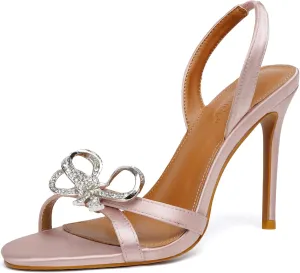 Vertundy Women's Slingback Heeled Sandals Slip On Stiletto Heels Open Toe High Rhinestone Bow Decoration Dress Party Wedding Elegant Shoes for Women