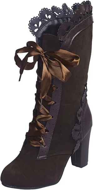 Victoria Boots for Women Halloween Christmas Party Lace High Heels Punk Mid Calf Booties Round Toe Suede Lace Up Vintage Boots for Cosplay Dress Pump Boots