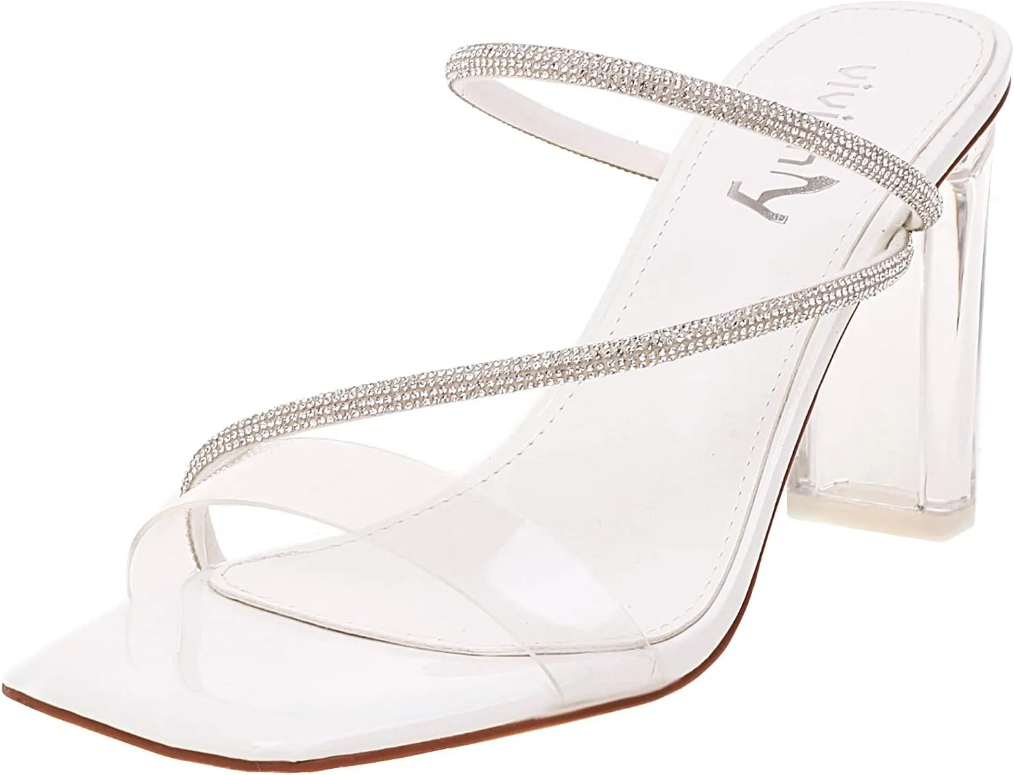 vivianly Womens Square Toe Clear Rhinestone Strappy Heeled Sandals Transparent Block High Heels Slides Slipper Wedding Dress