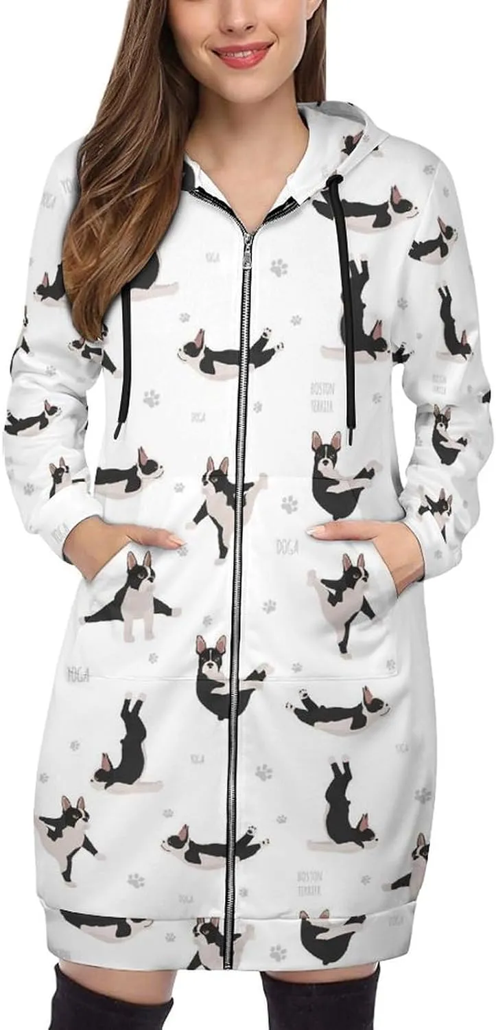 VOSERY Yoga Dogs Funny Boston Terrier Womens Zip Up Hoodies Long Sleeve Sweatshirts Jackets, Stylish Jackets for Women