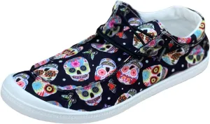 VTHY Women's Low-Top Canvas Sneakers with Skull Head Print on Black Background | The Perfect Match for Bold and Adventurous Girls