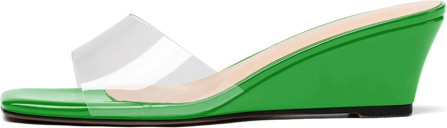 WAYDERNS Women's PVC Clear Solid Sexy Square Toe Slip On Party Wedge Low Heel Heeled Sandals 2 Inch