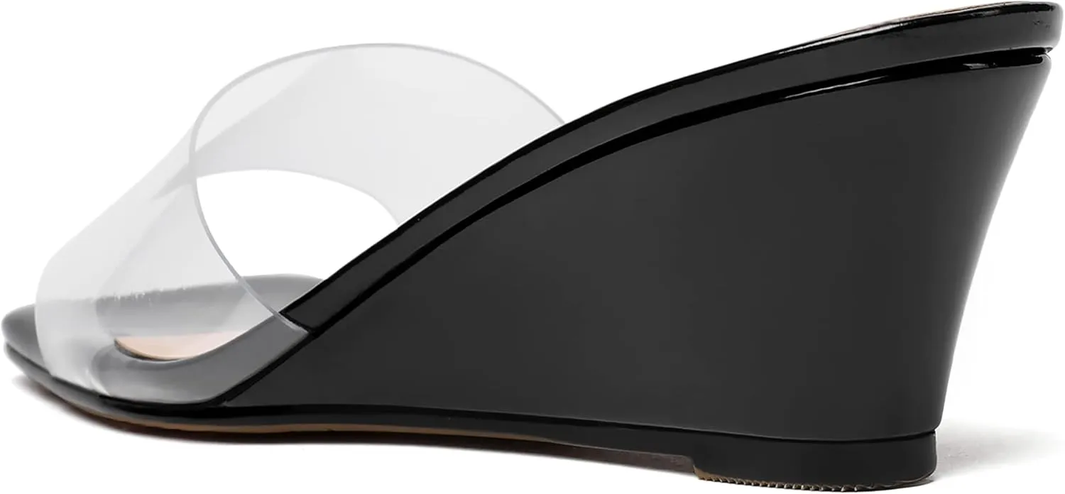 WAYDERNS Women's PVC Clear Solid Sexy Square Toe Slip On Party Wedge Low Heel Heeled Sandals 2 Inch