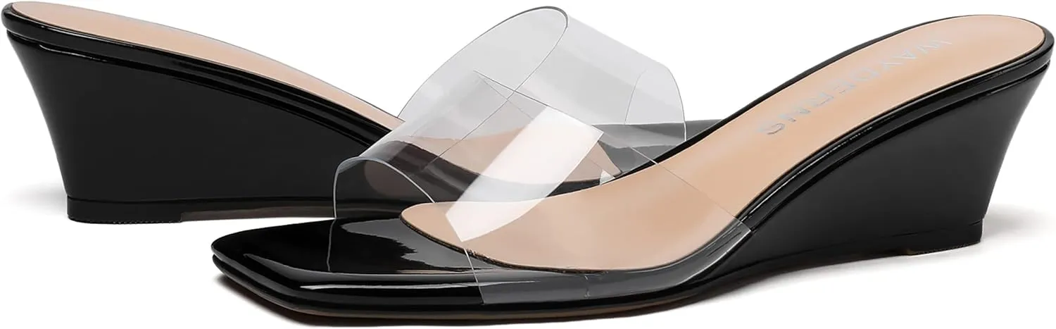WAYDERNS Women's PVC Clear Solid Sexy Square Toe Slip On Party Wedge Low Heel Heeled Sandals 2 Inch