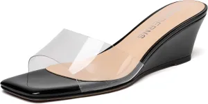 WAYDERNS Women's PVC Clear Solid Sexy Square Toe Slip On Party Wedge Low Heel Heeled Sandals 2 Inch