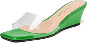 WAYDERNS Women's PVC Clear Solid Sexy Square Toe Slip On Party Wedge Low Heel Heeled Sandals 2 Inch