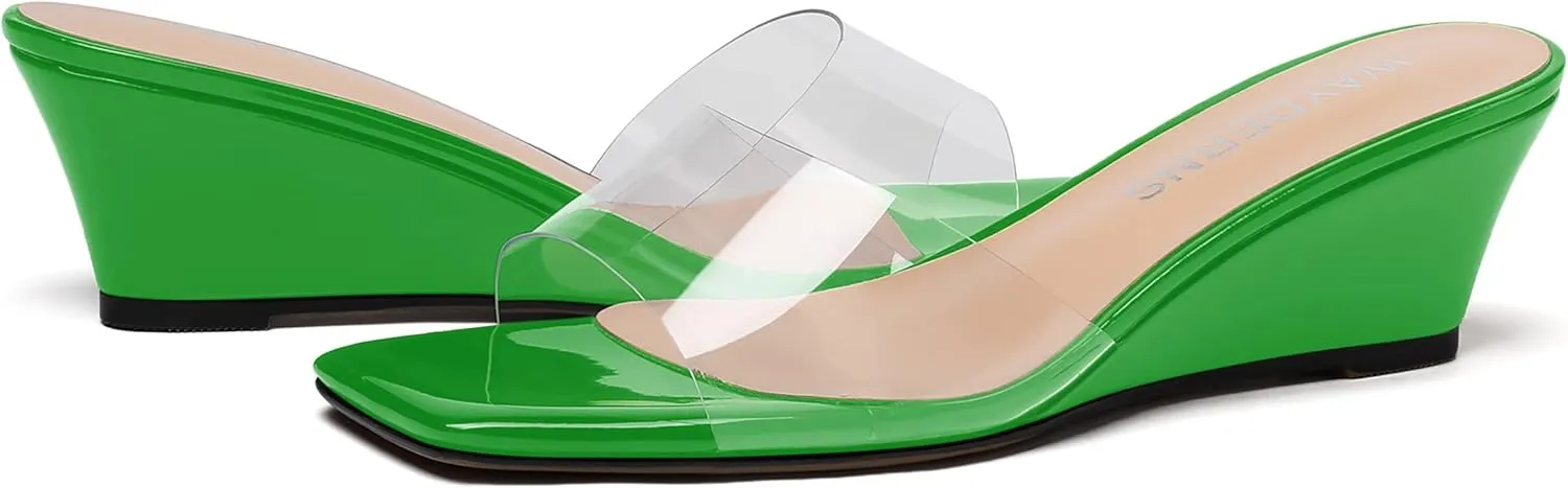 WAYDERNS Women's PVC Clear Solid Sexy Square Toe Slip On Party Wedge Low Heel Heeled Sandals 2 Inch