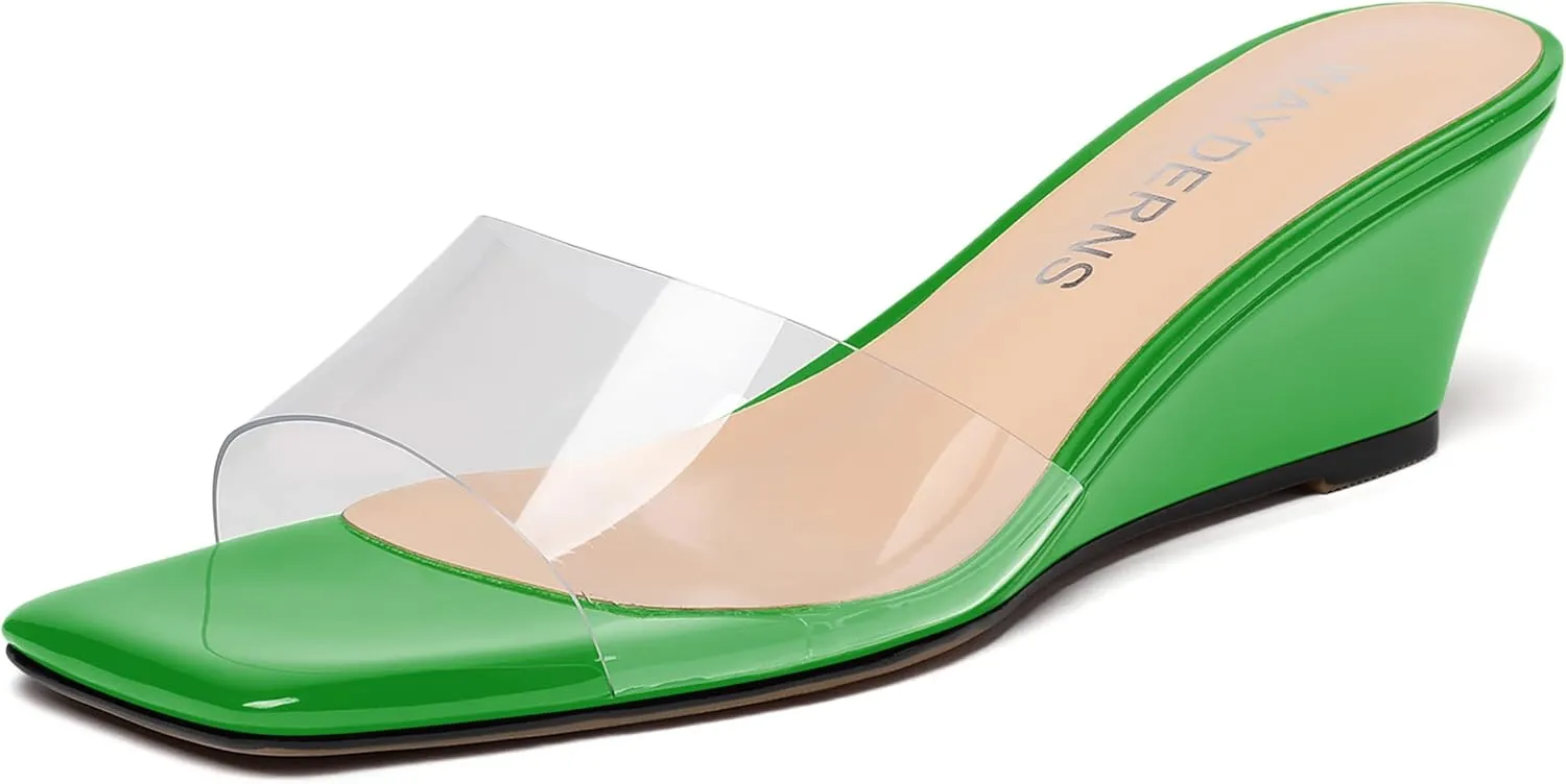 WAYDERNS Women's PVC Clear Solid Sexy Square Toe Slip On Party Wedge Low Heel Heeled Sandals 2 Inch