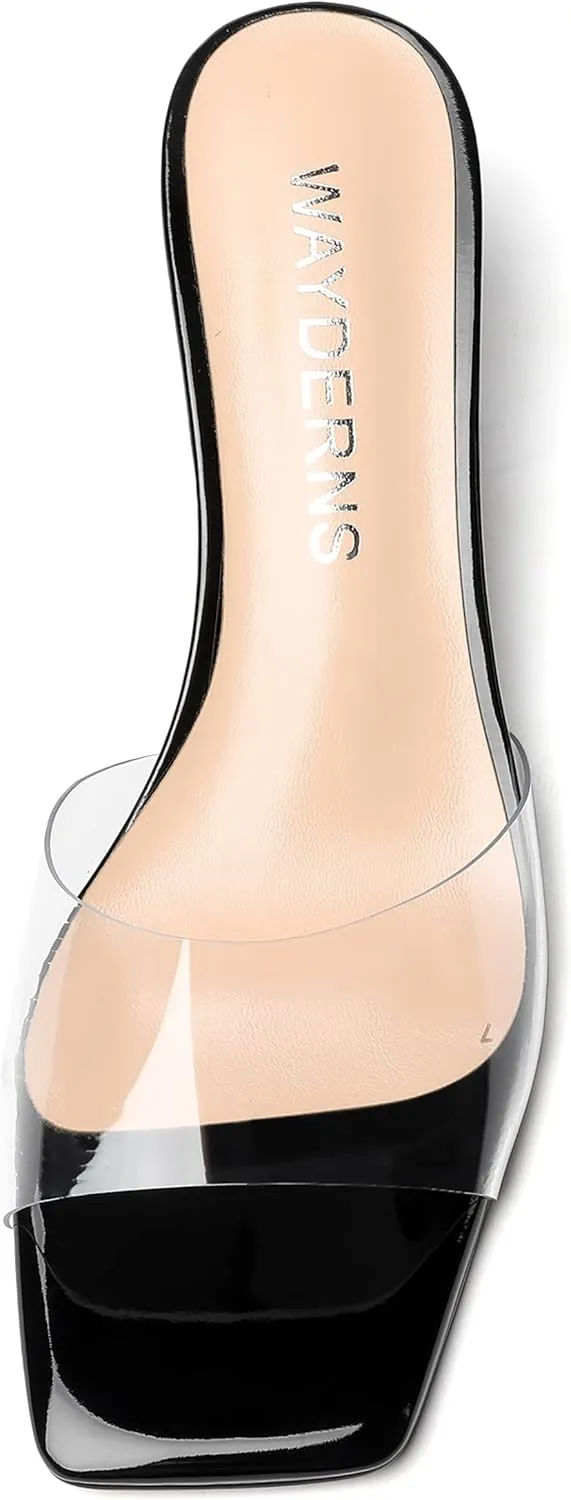 WAYDERNS Women's PVC Clear Solid Sexy Square Toe Slip On Party Wedge Low Heel Heeled Sandals 2 Inch