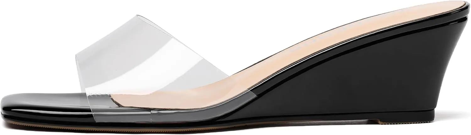 WAYDERNS Women's PVC Clear Solid Sexy Square Toe Slip On Party Wedge Low Heel Heeled Sandals 2 Inch