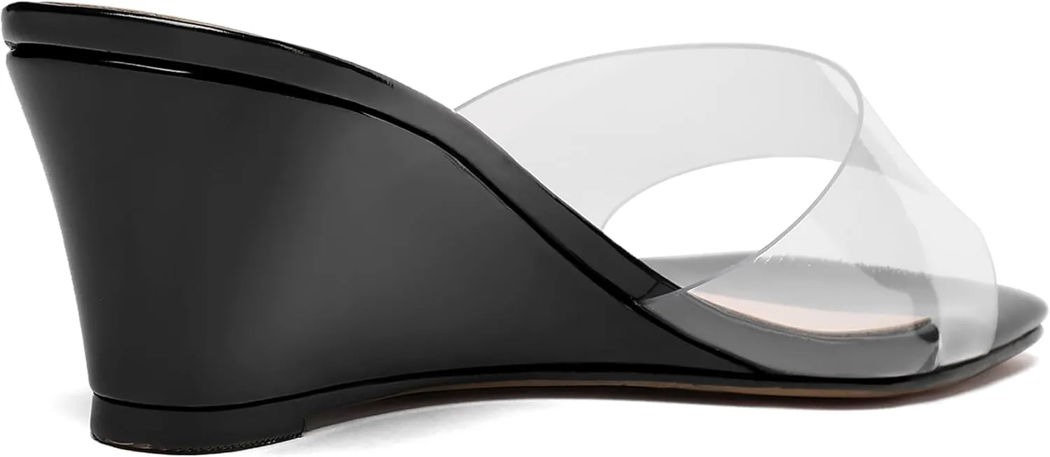 WAYDERNS Women's PVC Clear Solid Sexy Square Toe Slip On Party Wedge Low Heel Heeled Sandals 2 Inch