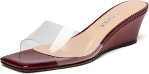 WAYDERNS Women's PVC Clear Solid Sexy Square Toe Slip On Party Wedge Low Heel Heeled Sandals 2 Inch