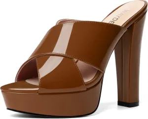 WAYDERNS Womens Slip On Patent Peep Toe Dating Fashion Block High Heel Platforms Sandals 5 Inch