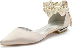 Wedding Bridal Shoes Beaded Ankle Strap Low Heels Women's Pumps Pointed Toe Closed Toe Sandal 2CM High Heels Satin Flats Elegant Formal,Champagne,11