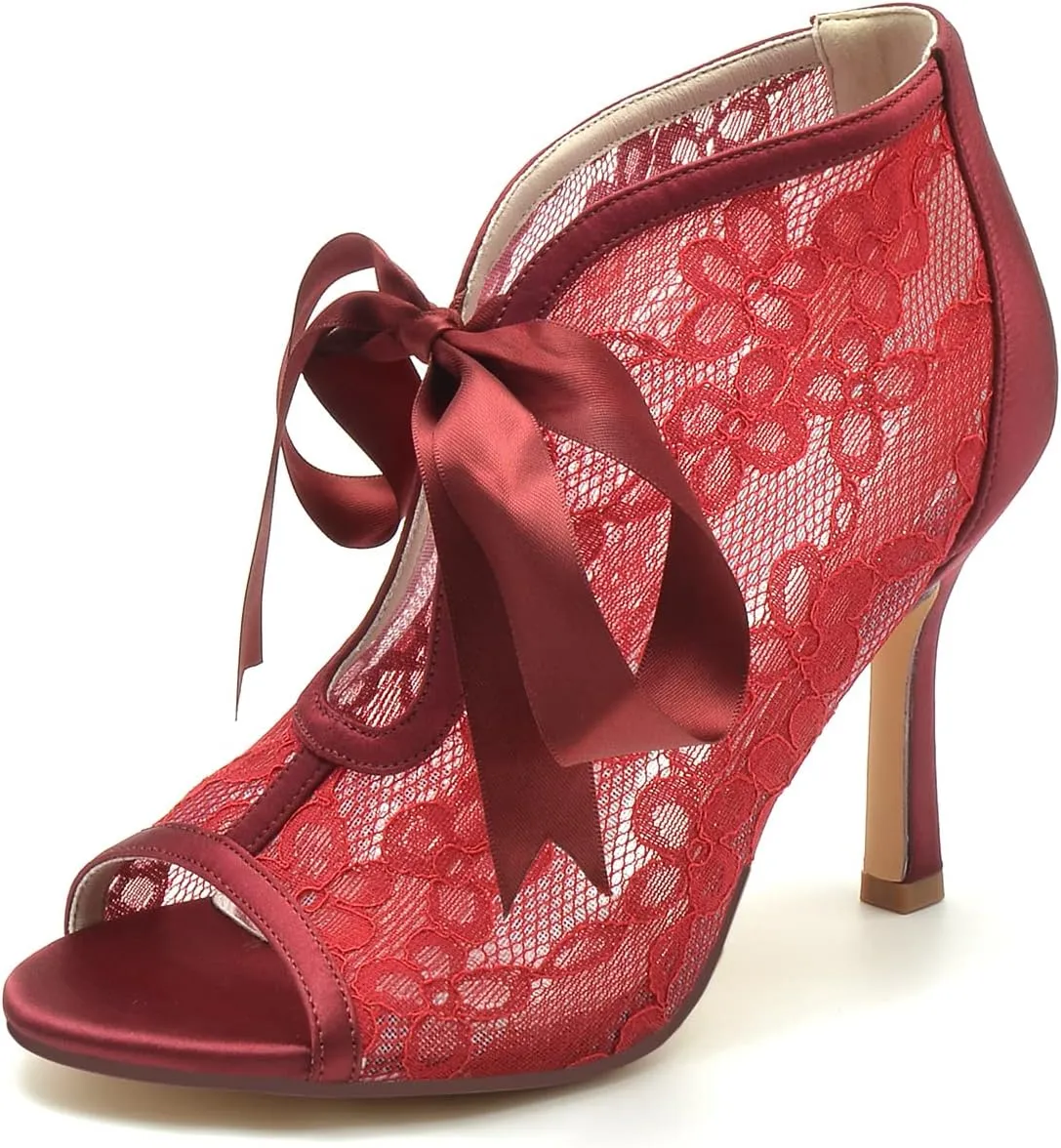 Wedding Dress Shoes for Bride Sandals for Women Lace Ankle Bootie Pumps with Heels Stiletto Heeled Ribbon Tie Peep Toe High Heels Sandal