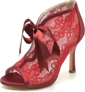Wedding Dress Shoes for Bride Sandals for Women Lace Ankle Bootie Pumps with Heels Stiletto Heeled Ribbon Tie Peep Toe High Heels Sandal