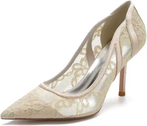 Wedding Dress Shoes for Women Pointed Toe Wedding Shoes Stiletto Heels Satin Bridal Shoes with Embroidery Lace Flower Closed Toe Sandals Ankle Strap Pumps