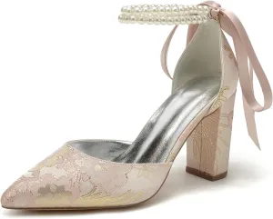 Wedding Shoes for Bride Closed Toe Block Heel Womens High Heels Pointed Toe Pumps Bridal Shoes Bowknot Strap Pearl Sandals Floral Satin Evening,Pink,11