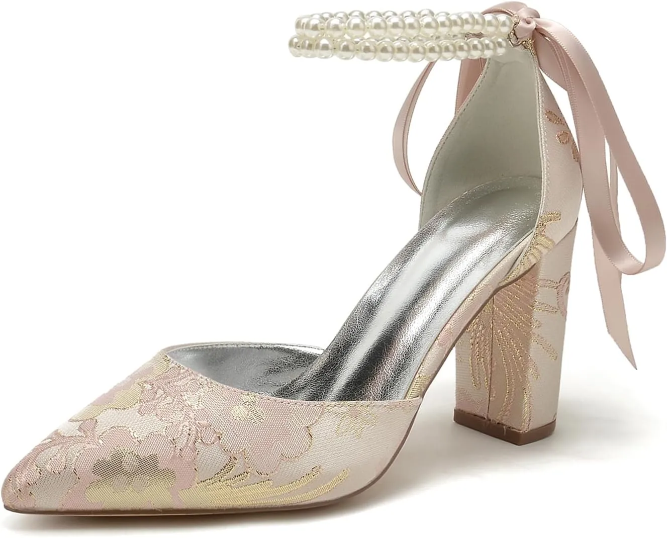 Wedding Shoes for Bride Closed Toe Block Heel Womens High Heels Pointed Toe Pumps Bridal Shoes Bowknot Strap Pearl Sandals Floral Satin Evening,Pink,11
